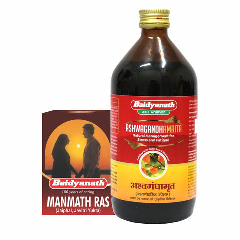 Baidyanath Vitality & Energy Booster - Ashwagandhamrita 450 ml + Manmath Ras: 40 tablets