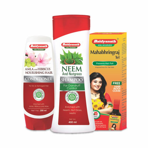 Baidyanath Neem and Nutgrass Shampoo 450ml + Baidyanath Amla and Hibiscus Nourishing Hair Conditioner 200 ml + Baidyanath Mahabhringraj Tel 200ml